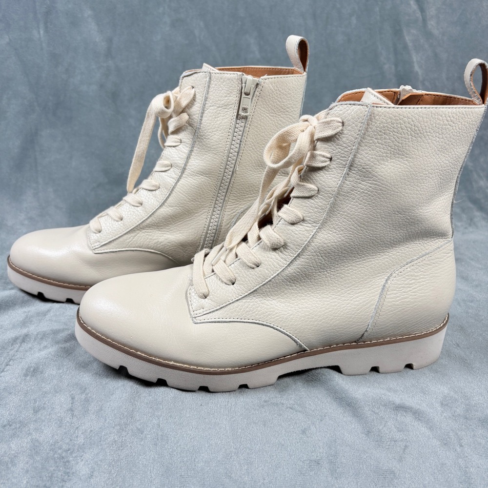 Vionic Lani Ivory Leather Combat Boots Womens 10 W Side Zip Lug Sole Comfort
